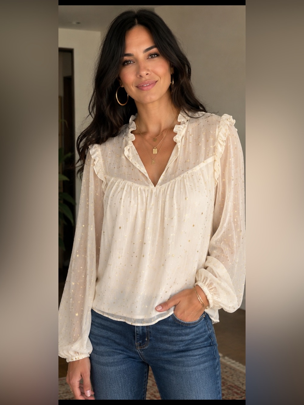 mine Cream Ruffle V-Neck Blouse with Gold Star Foil